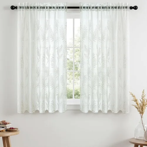 Vista 57 de VISIONTEX 2 paneles de cortinas traslúcidas de 63 in de largo, cortinas de gasa semitransparentes bordadas con hojas florales beige, bolsillo