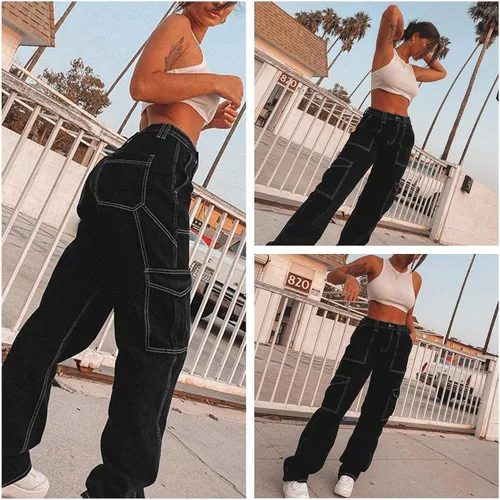 Vista 3 de ICNGLKSND Jeans holgados de cintura alta para mujer y niña, rectos, pierna ancha, pantalones de mezclilla Y2K, ropa de calle con bolsillos grandes