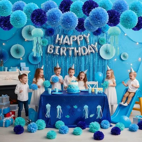 Vista 2 de 12 pompones de papel de seda azules para colgar, pompones de flores para decoración de fiesta de techo