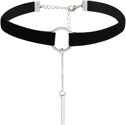 Vista 9 de Collar de Gargantilla Negro y Dorado de Cuero Ancho Collar de Gargantilla de Oro y Plata con Barra Colgante de Cadena Larga para Mujeres y Niñas