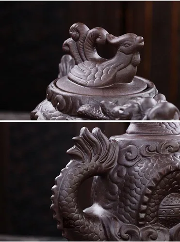 Vista 5 de Auténtica tetera Yixing Dragón y Fénix Tetera de gran capacidad Juego de té de arcilla morada, tetera Kung Fu (negro)