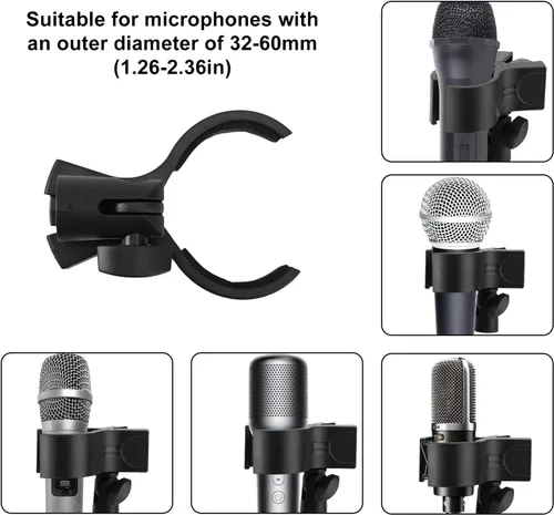 Vista 5 de 2 soportes de clip de micrófono grandes, abrazadera de micrófono ajustable para micrófonos con rango de diámetro exterior de 1.26 a 2.36 pulgadas