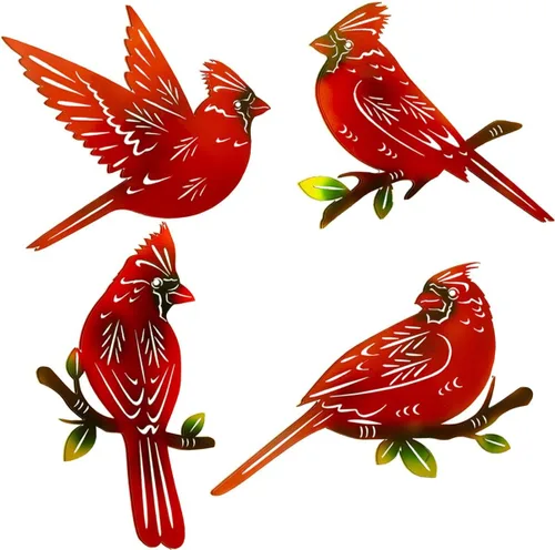 Vista 2 de Paquete de 4 piezas de arte de pared cardenal de metal, decoración de pájaros de metal 3D, adornos hechos a mano, pájaro rojo ágil, regalos