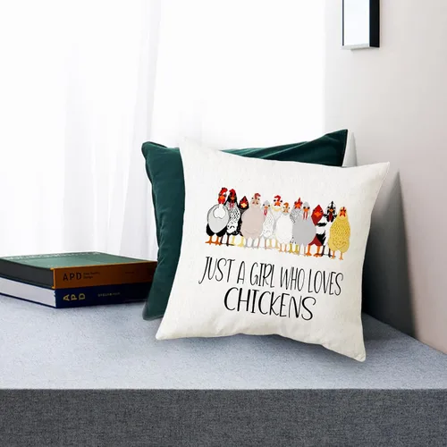Vista 2 de Sidhua Funda de almohada con temática de pollo de granja para el hogar, funda de almohada con diseño de Just A Girl Who Loves Chickens, 18 x 18