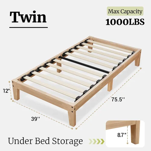 Vista 2 de Awesofurni Base de cama individual, plataforma de madera maciza de 12 pulgadas con listones de madera, marco de cama de madera con acabado natural