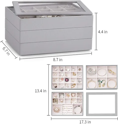 Vista 6 de Vlando - Bandeja organizadora de joyas apilable de gran capacidad organizador de cajones bandeja de exhibición caja para anillos aretes collares