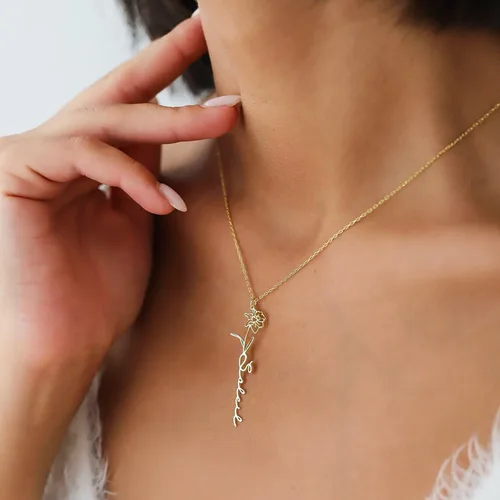 Vista 10 de TRANGEL Custom Birth Flower Name Necklace Personalized 18K Gold Plated Birth Month Flower Necklace Dainty Floral Pendant Jewelry Mothers Birthday