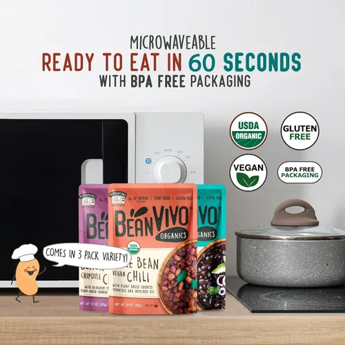 Vista 6 de BeanVIVO - Variedad de 3 paquetes (10 onzas cada uno) - Frijoles negros orgánicos Baja, Chile vegano de tres frijoles, chile chipotle de frijoles