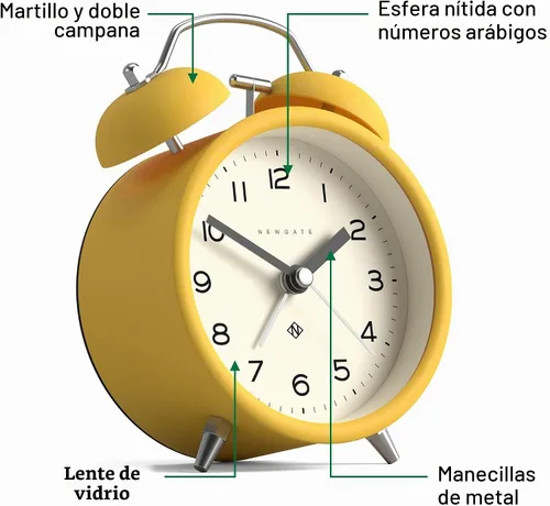 Vista 5 de NEWGATE® Charlie Bell Echo - Reloj despertador Versión moderna del reloj clásico de campana doble Amarillo Números fáciles de leer Ideal