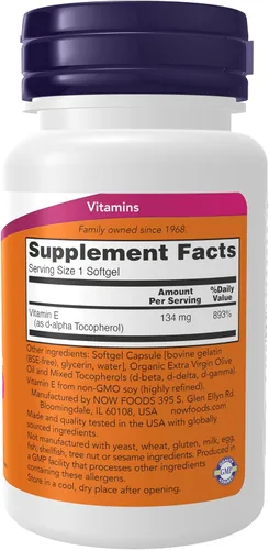 Vista 2 de NOW Foods Suplementos, Vitamina E-200 UI Tocoferoles Mixtos, Protección Antioxidante*, 100 Cápsulas Blandas