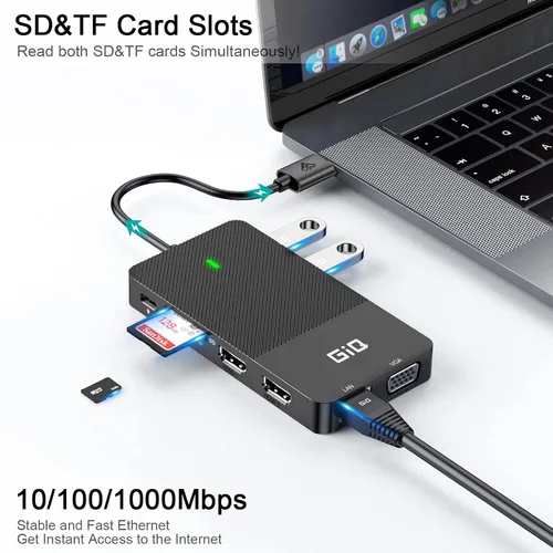 Vista 6 de Estación de acoplamiento USB GIQ USB C HUB USB 3.0 a HDMI dual Adaptador VGA de triple pantalla USB C Estación de acoplamiento para portátil Monitor