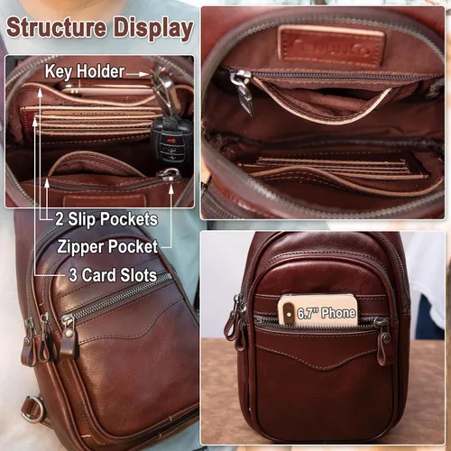 Vista 4 de Bolso bandolera de cuero genuino para hombres y mujeres, bolso de hombro cruzado, mochila de pecho, bolso de mano casual