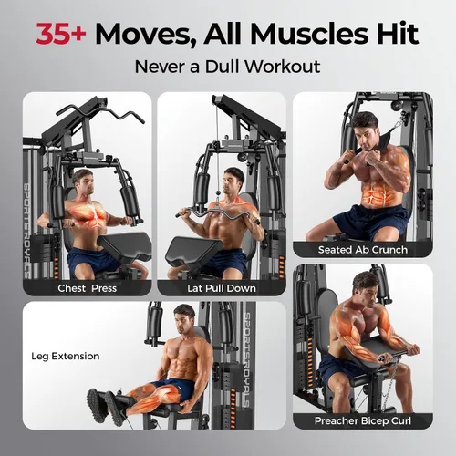 Vista 4 de Sportsroyals Equipo de gimnasio en casa, pila de peso de 150 libras, máquina de entrenamiento de cuerpo completo con sistema de polea