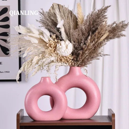Vista 6 de Juego de 2 o 2 jarrones redondos de cerámica rosa, modernos jarrones rosados para centros de mesa, florero para decoración, se aplica a la sala