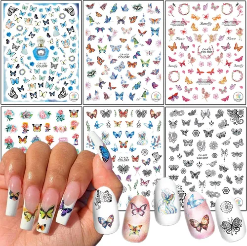 Vista 10 de Grandes calcomanías de mariposas para uñas, calcomanías de mariposas grandes 3D para uñas, calcomanías autoadhesivas de diseños de mariposas