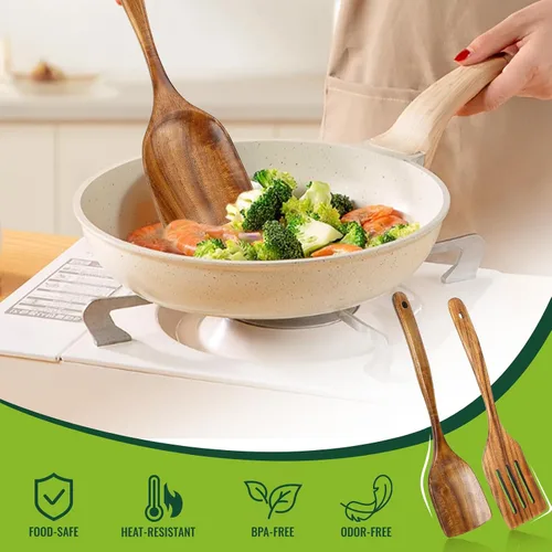 Vista 2 de Bkiok Cuchara de madera para cocinar, juego de utensilios de cocina de madera de teca hechos a mano, espátula plana y espátula ranurada