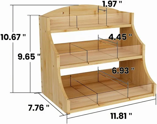 Vista 2 de Organizador de bolsas de té de bambú de 3 capas, baúles de té con divisor acrílico extraíble, soporte para té para encimera, oficina, cocina, madera