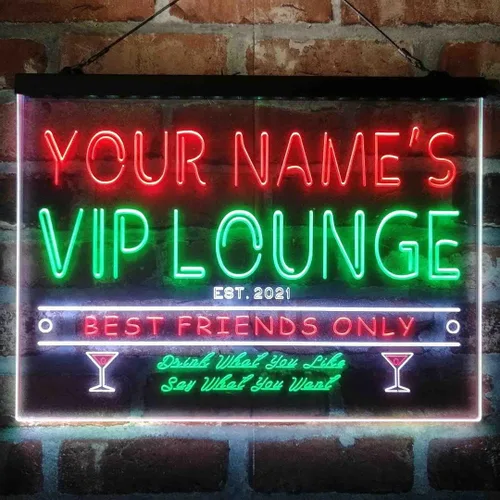 Vista 16 de Letrero de luz de neón LED tricolor personalizado VIP Lounge Bar Personalizar Nombre Fecha Texto Cita Fuente Verde y Rojo y Amarillo 13 x 8.7