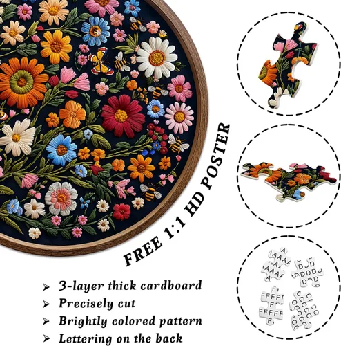 Vista 3 de Rompecabezas vintage de flores silvestres para adultos de 1000 piezas, rompecabezas redondo de mariposa abeja planta arte de la naturaleza