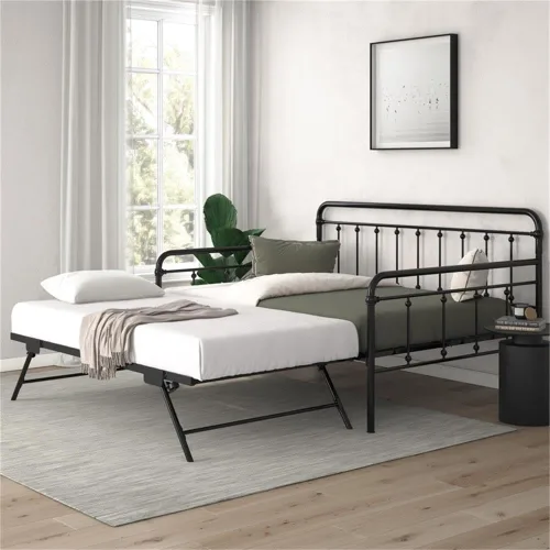 Vista 5 de BOWERY HILL Twin Daybed with Pop-Up Full Trundle, Black Powder-Coated Steel Frame, Slatted Mattress Support, Low-Profile Space-Saving Design, Guest