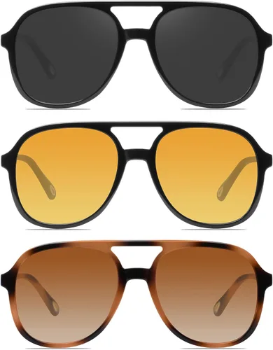 Vista 12 de YDAOWKN Retro Aviator Sunglasses for Womens Mens 70s Double Bridge Sunnies 2 Tintes Negro/Gris+Negro/Amarillo