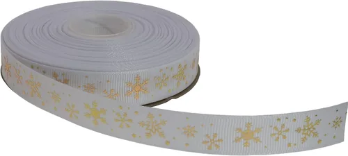Vista 6 de Cinta de grogrén de copo de nieve con impresión dorada de 25 yardas cada rollo, borde tejido 100% poliéster (3/8 pulgadas, beige)