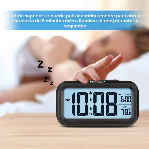 Vista 3 de Reloj despertador digital con luz nocturna Peakeep Temperatura interior con pilas Pequeño reloj inalámbrico lindo para dormitorio, escritorio