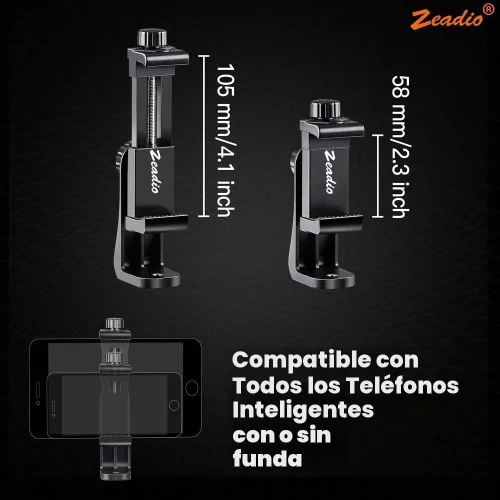 Vista 2 de Zeadio Soporte de trípode para teléfono inteligente, adaptador de soporte para teléfono celular, abrazadera ajustable para selfie, soporte giratorio