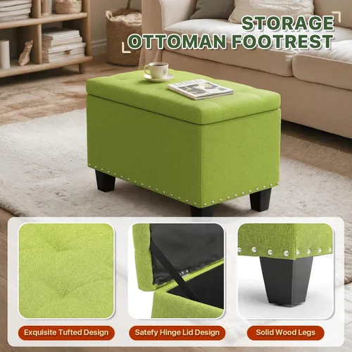 Vista 5 de MoNiBloom Banco otomano de 24 pulgadas con almacenamiento para dormitorio, banco contemporáneo de lino verde copetudo, reposapiés, taburete otomano