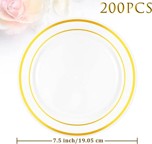 Vista 2 de Sieral 200 platos desechables de plástico para fiestas con borde de plástico duro, aperitivo, ensalada, postre de 7.5 pulgadas, elegante vajilla