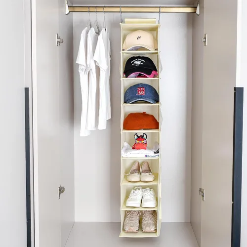 Vista 2 de Berdeng Organizador colgante de zapatos para armario con bolsillos de malla lateral, estantes para gorras de béisbol, soporte para zapatos y Beige