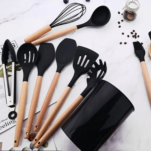Vista 7 de 1 cucharón de silicona negra para sopa profunda, resistente al calor, cuchara de goma antiadherente grande con mango de madera para cocinar 1