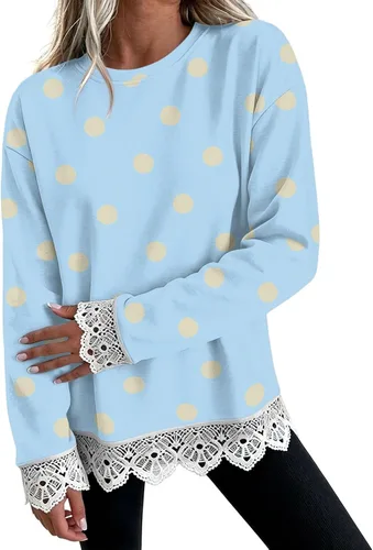 Vista 21 de Fall Sweatshirts for Women Crewneck Scalloped Lace Trim Cute Pullover Tops Lightweight Long Sleeve Polka Dot Sweatshirt,Oversized Leopard Print A