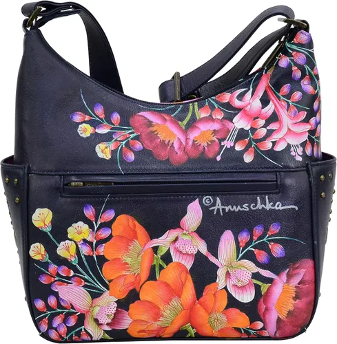 Vista 2 de Anuschka Bolso de hombro de cuero genuino para mujer, obra de arte original pintada a mano, hobo clásico con bolsillos laterales tachonados