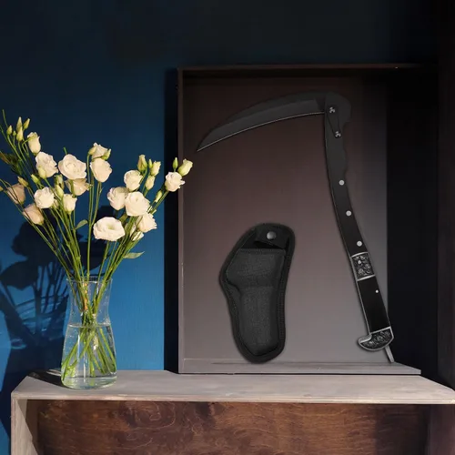 Vista 7 de WILLBOND Herramienta de jardín plegable de hoz negra afilada, cuchillo de mano de hierba de seguridad portátil con funda mango de madera, 2