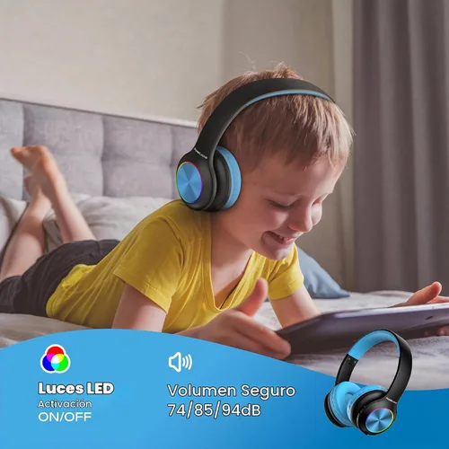 Vista 3 de PowerLocus PLED Auriculares Bluetooth para Niños, Auriculares Inalámbricos para Niños con Luces LED, Volumen Seguro de 74/85/94dB, Micro SD, Cable