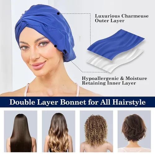Vista 83 de Gorro de satén de seda ajustable para envolver el cabello para dormir, gorro de dormir de doble capa, turbante nocturno para cabello largo y rizado