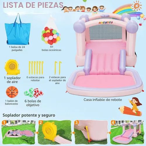 Vista 4 de AKEYDIY Pastel Dream Casa de Rebote para Niños de 3-10, Casa de Rebote de Agua de 161x82x63 pulgadas con Tobogán, Piscina de Pelotas/Foso