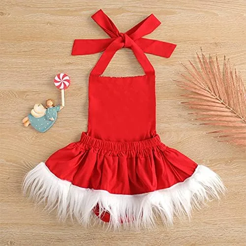 Vista 2 de Mameluco de tutú esponjoso de Navidad de felpa de Papá Noel de cintura alta con cuello y espalda descubierta