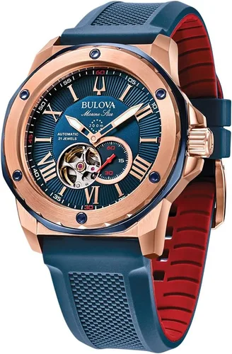 Vista 4 de Bulova Reloj automático con esfera azul Marine Star para hombre 98A227, Tono oro rosa, Reloj automático