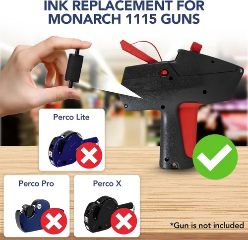 Vista 2 de Perco Rollo de tinta para etiquetadoras Monarch 1115 Price Gun – Tu reemplazo de tinta fácil de cargar y confiable para tu etiquetadora de pistola