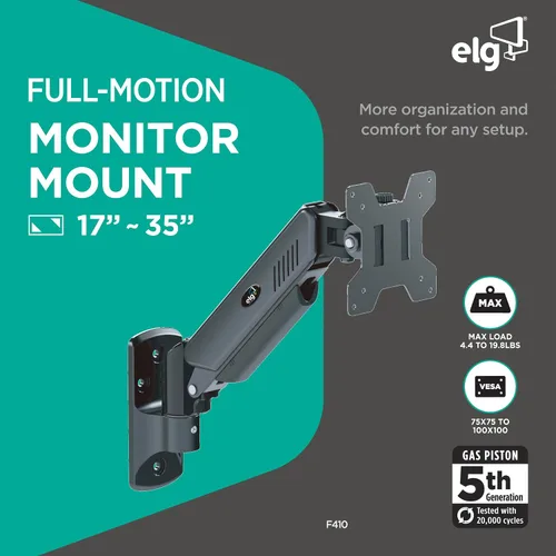 Vista 2 de ELG - Soporte de pared para monitor de resorte de gas, pantallas de movimiento completo de 17-35 pulgadas de hasta 19.8 libras, extensión de 15