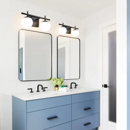 Vista 5 de Accesorios de iluminación de baño sobre espejo, luces de tocador negras para baño con vidrio esmerilado blanco, accesorios de iluminación de tocador