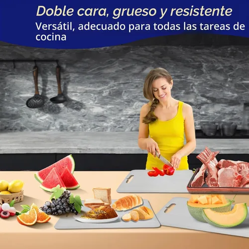 Vista 5 de Tablas de cortar de titanio para cocina, tabla de cortar de acero inoxidable de doble cara, diseño colgable, fácil de limpiar, duradera y resistente