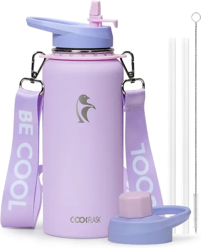 Vista 22 de Botella de agua Coolflask de 40 onzas con correa, botella de agua metálica aislada con popote y tapas con pico, acero inoxidable de doble pared al