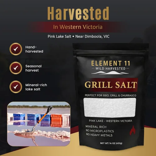 Vista 6 de Element 11 Sal de lago rosa australiana cosechada silvestre para asar Corteza de bistec para barbacoa, sal gruesa para ahumar, llama abierta