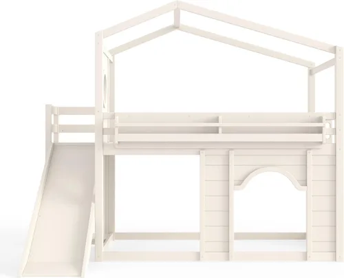 Vista 5 de Harper & Bright Designs Cama tipo loft para niños, tamaño individual, con armario y puerta arqueada, litera de casa con tobogán y estanterías