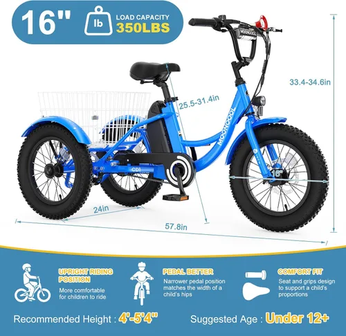 Vista 2 de NAIZEA Bicicleta eléctrica para niños, triciclo de 16 pulgadas para niños y niñas de 6 a 12 años, bicicleta eléctrica para niños de 250 W, bicicleta