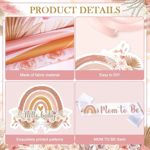 Vista 7 de Decoraciones de baby shower estilo bohemio rosa para niña, A Little Ray of Sunshine is Almost Here Boho Rainbow Welcome Baby Banner telón de fondo