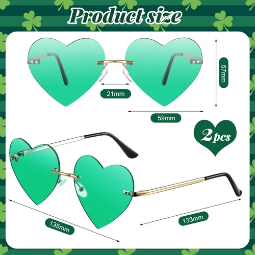 Vista 2 de Gafas de sol en forma de corazón, 2 pares de lentes de sol sin montura para mujer, con marco de metal con protección UV (verde), Verde